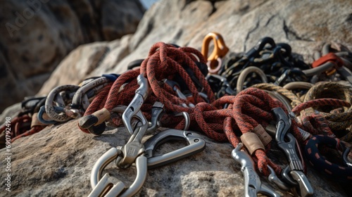 A set of rugged, weather-worn climbing ropes and carabiners arranged neatly against a rocky backdrop, ready for the ascent