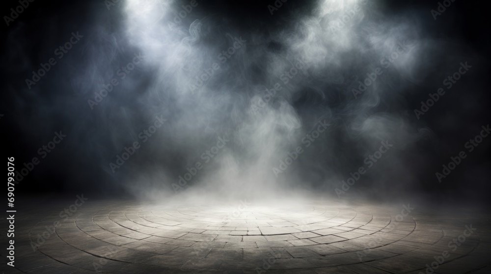 empty dark room with a light shining from a spotlight, in the style of mist, spray painted realism, smokey background