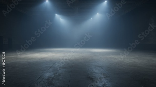 empty dark room with a light shining from a spotlight, in the style of mist, spray painted realism, smokey background