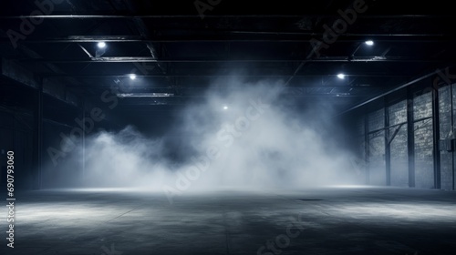 empty dark room with a light shining from a spotlight, in the style of mist, spray painted realism, smokey background © PhotoRK
