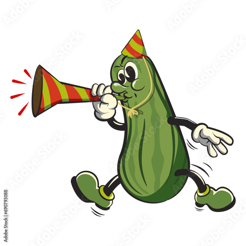 vintage character mascot illustration of cucumber wearing a party hat and blowing a party trumpet