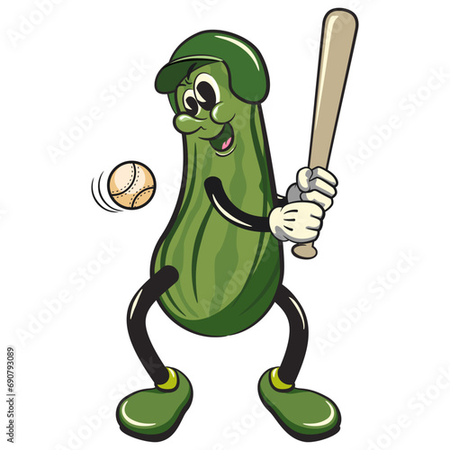 vintage character mascot illustration of a cucumber playing baseball as a hitter ready to hit the ball with his bat