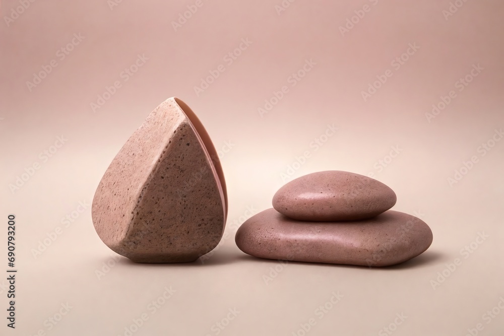 Fototapeta premium Podium for product presentation with stones and tropical leaves in peach fuzz tones background.