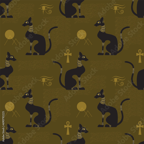 Black egyptian decorated cat shape silhouette sitting. Seamless pattern. Vector illustration.