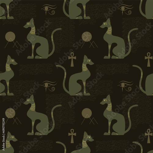 Egyptian decorated cat shape silhouette sitting. Seamless pattern. Vector illustration.	