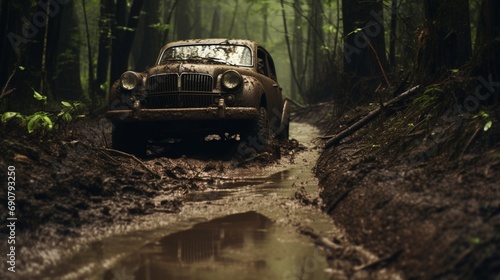 A vintage car, its worn-out tires sinking into the mud of a forgotten trail