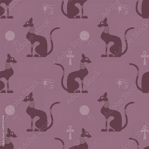 Egyptian decorated cat shape silhouette sitting. Seamless pattern. Vector illustration.