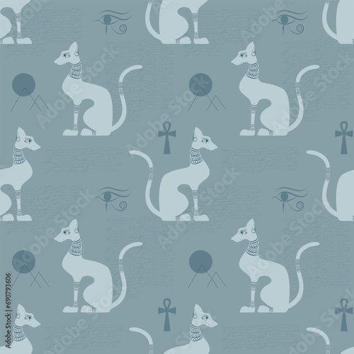 Egyptian decorated cat shape silhouette sitting. Seamless pattern. Vector illustration.