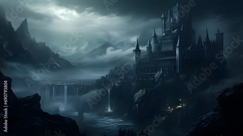 Hogwarts looking castle on epic mountain - Generative AI photo