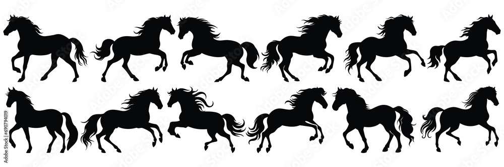 Horse silhouettes set, large pack of vector silhouette design, isolated white background - obrazy, fototapety, plakaty 