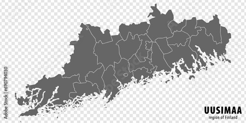 Blank map Uusimaa Region  of  Finland. High quality map Uusimaa  on transparent background for your web site design, logo, app, UI.  Finland.  EPS10.