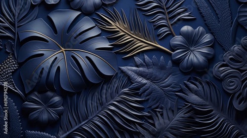 paper background with blue tropical leaves  a lot of isolated negative space  in the style of monochromatic realism