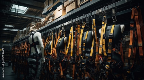 In a well-lit warehouse, a line of safety harnesses hangs gracefully, their sturdy straps suggesting reliability in the face of challenging environments photo