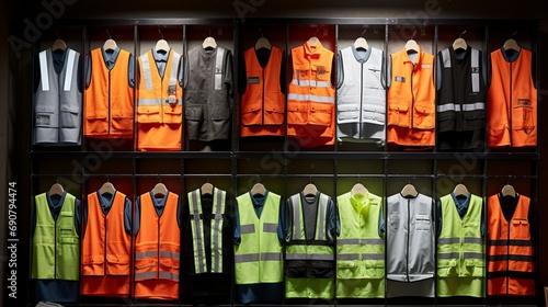 In a workshop setting, a collection of durable safety vests is on display, their reflective strips catching the light with precision © ra0