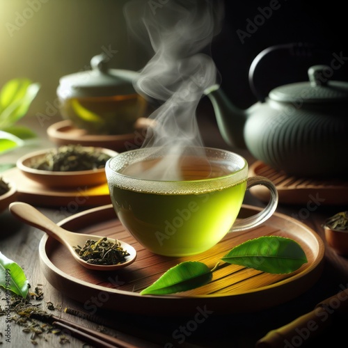 Green tea, fresh tea leaves, good for the heart and blood pressure, healthy, drink concept, generative ai 