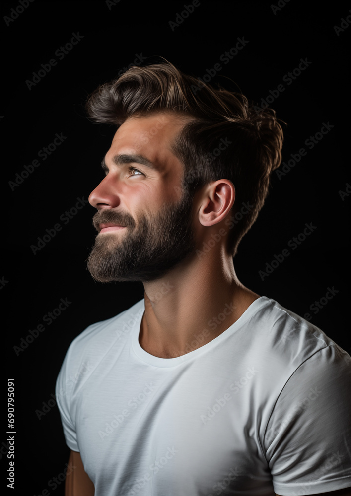 stylish young guy with a neat short beard in a white T-shirt in profile on a black background, beautiful studio light, empty space in the middle stylish young guy with a neat short beard in a white T-shirt in profile on a black background, beautiful studio light, empty space in the middle