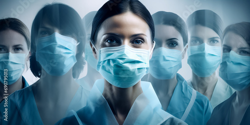 Medical doctors in masks and medical hats are looking at camera, standing in a row one by one