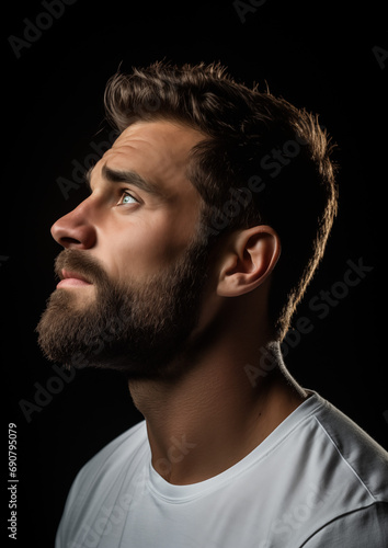 stylish young guy with a neat short beard in a white T-shirt in profile on a black background, beautiful studio light, empty space in the middle