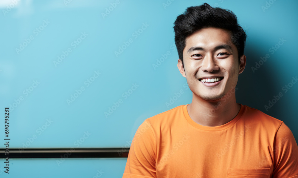 Friendly young Asian man with a warm smile, wearing an orange t-shirt against a light blue background, looking relaxed and approachable Friendly young Asian man with a warm smile, wearing an orange t-shirt against a light blue background, looking relaxed and approachable