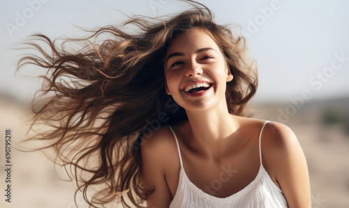 Radiant young woman with flowing hair and a white dress laughing joyfully, her carefree spirit and natural beauty shining in a candid moment of pure delight and happiness