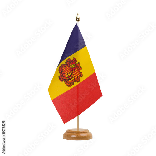 Andorra Flag, small wooden andorran table flag, isolated, alpha channel transparency, png photo