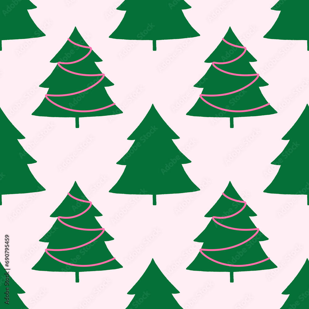 Christmas background with green trees on a white background. Seamless pattern.For textiles, gift wrapping.