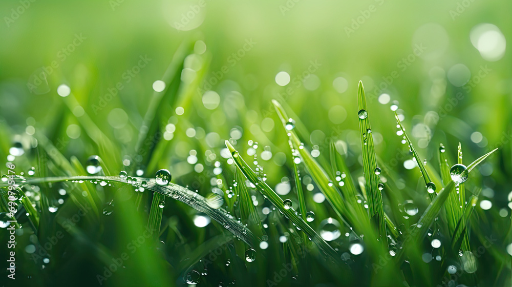 Closeup of green grass blades with drops of dew in the sunlight Closeup of green grass blades with drops of dew in the sunlight