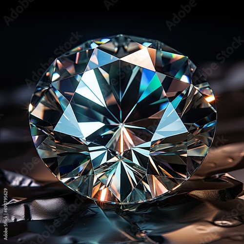 Shiny gemstone diamond. Realistic illustration of a diamond  studio shooting. Realistic crystal illustration. Gemstone for jewelry close-up. Shining diamond on a black background. Generative ai.