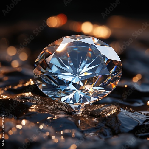 Shiny gemstone diamond. Realistic illustration of a diamond, studio shooting. Realistic crystal illustration. Gemstone for jewelry close-up. Shining diamond on a black background. Generative ai. photo