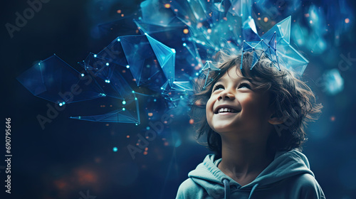 Happy smiling child interacting and manifesting in the quantum field amid the stars photo
