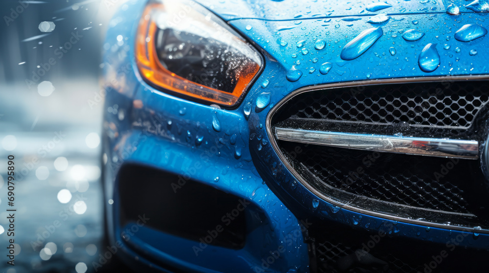 Dynamic Blue Sports Car Speeding on Wet Road, Water Droplets on Hood, High-Performance Vehicle in Motion, Concept of Power and Elegance