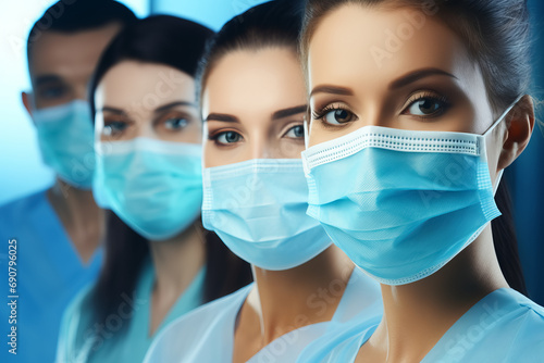 Medical doctors in masks and medical hats are looking at camera, standing in a row one by one