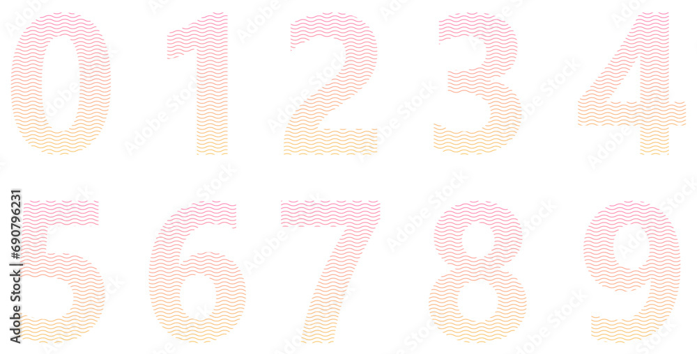 Set of orange and pink numbers isolated on white. Alphabet with numbers. Vector graphic elements for design. Lines, wavy lines Set of orange and pink numbers isolated on white. Alphabet with numbers. Vector graphic elements for design. Lines, wavy lines
