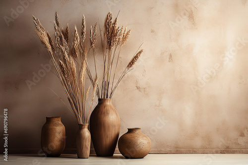 Interior design, minimalistic cozy corner, chocolate brown photo preset effect, minimalistic, elegant interior, tall dried reed and grass in vases