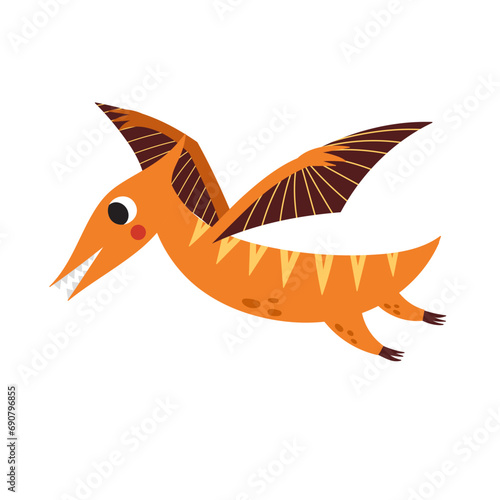 Cute flying pterodactyl in cartoon style isolated element. Funny dinosaur with wings of jurassic period for kids design. Prehistorical dino clipart. Vector illustration 
