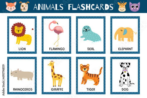 Animals flashcards collection for kids. Flash cards set with cute characters for practicing reading skills. Lion, flamingo, elephant and more. Vector illustration