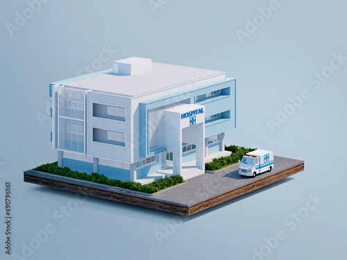 Isometric of hospital on earth isolated on blue background3d rendering photo