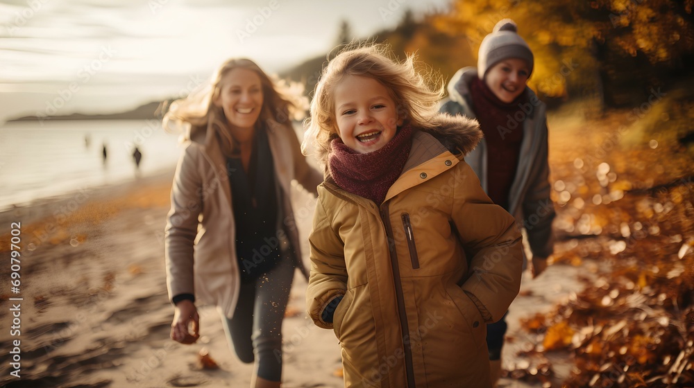 a family laughing exuberantly. A beautiful autumnal baltic beach in the background. sand and foliage is glowing golden. sunny autumn day in October. Natural, diffuse sunlight. movement. Blur. Scattere a family laughing exuberantly. A beautiful autumnal baltic beach in the background. sand and foliage is glowing golden. sunny autumn day in October. Natural, diffuse sunlight. movement. Blur. Scattere