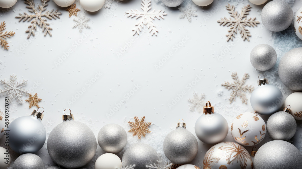 Elegant Christmas Border with White and Silver Ornaments, Snowflakes, and Festive Decorations on a Blank Snowy Background for Holiday Greetings. Elegant Christmas Border with White and Silver Ornaments, Snowflakes, and Festive Decorations on a Blank Snowy Background for Holiday Greetings.
