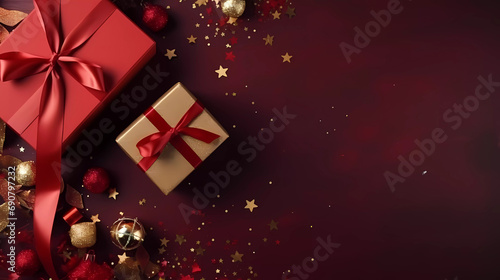 Top view of red giftbox with golden ribbin with christmas and decorated and light.christmas banner. photo