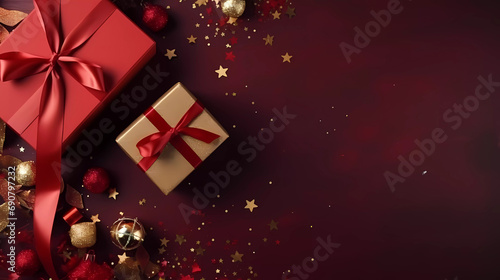 Top view of red giftbox with golden ribbin with christmas and decorated and light.christmas banner.