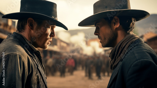 Standoff of two cowboys like in western movie, duel between men wearing hats and vintage outfit. Concept of bandit, wild west, outlaw, vs, showdown, conflict and character