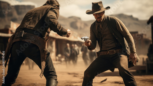 Cowboys showdown like in western movie, duel between men wearing hats and vintage outfit. Concept of bandit, wild west, outlaw, fight, vs, conflict, people, shootout photo