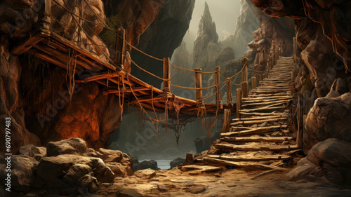 Old suspension wooden bridge in mountains, vintage wood hanging footbridge and rocks. Scene like in adventure movie. Concept of travel, canyon, nature