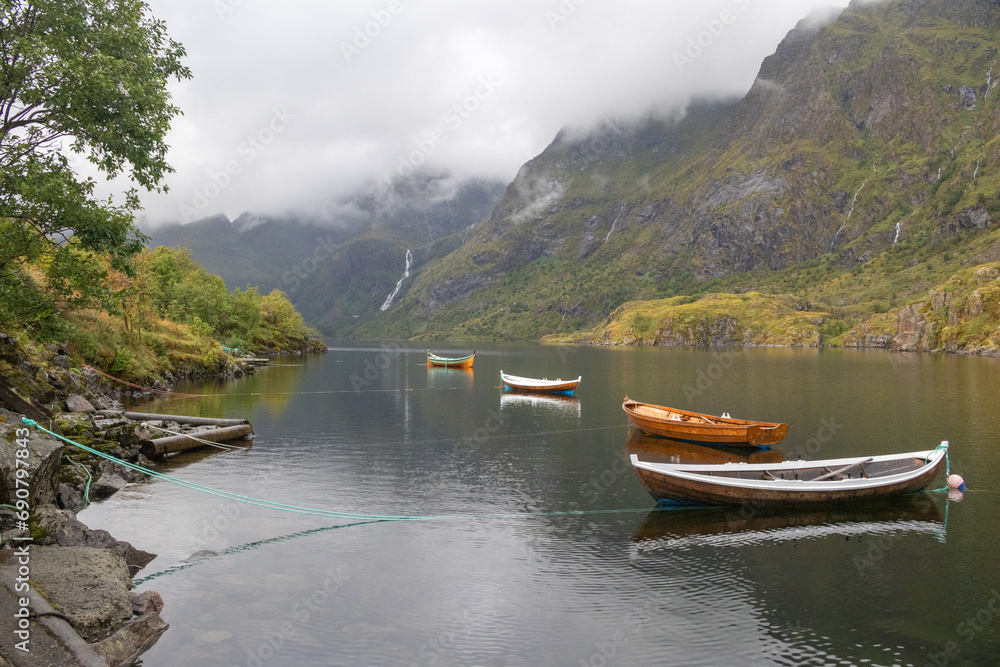 Boats on Lake Agvatnet, Moskenesoya, Lofoten Islands, Norway