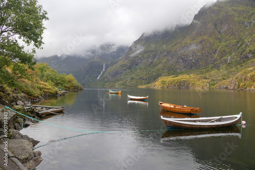 Boats on Lake Agvatnet, Moskenesoya, Lofoten Islands, Norway photo