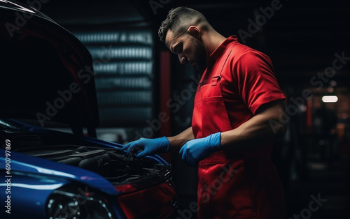 a man in a red shirt and blue gloves working on a car engine. © Александр Марченко