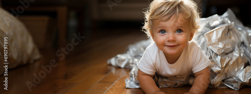 Banner of baby crawling in his home. Little blonde baby playing happily on the floor of his house. Background with copy space.