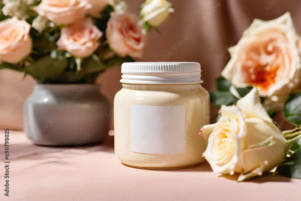 Mockup image of a natural herbal face cream jar surrounded by vibrant, fresh ingredients.