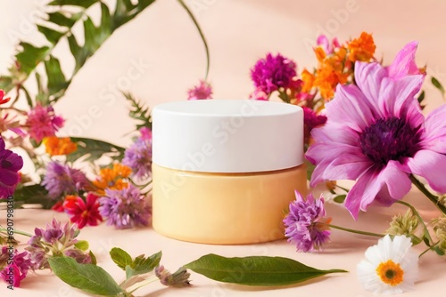 Wallpaper Mural Mockup image of a natural herbal face cream jar surrounded by vibrant, fresh ingredients. Torontodigital.ca